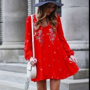 Free People Bohemian Red Mini Dress with Floral Embroidery - Small